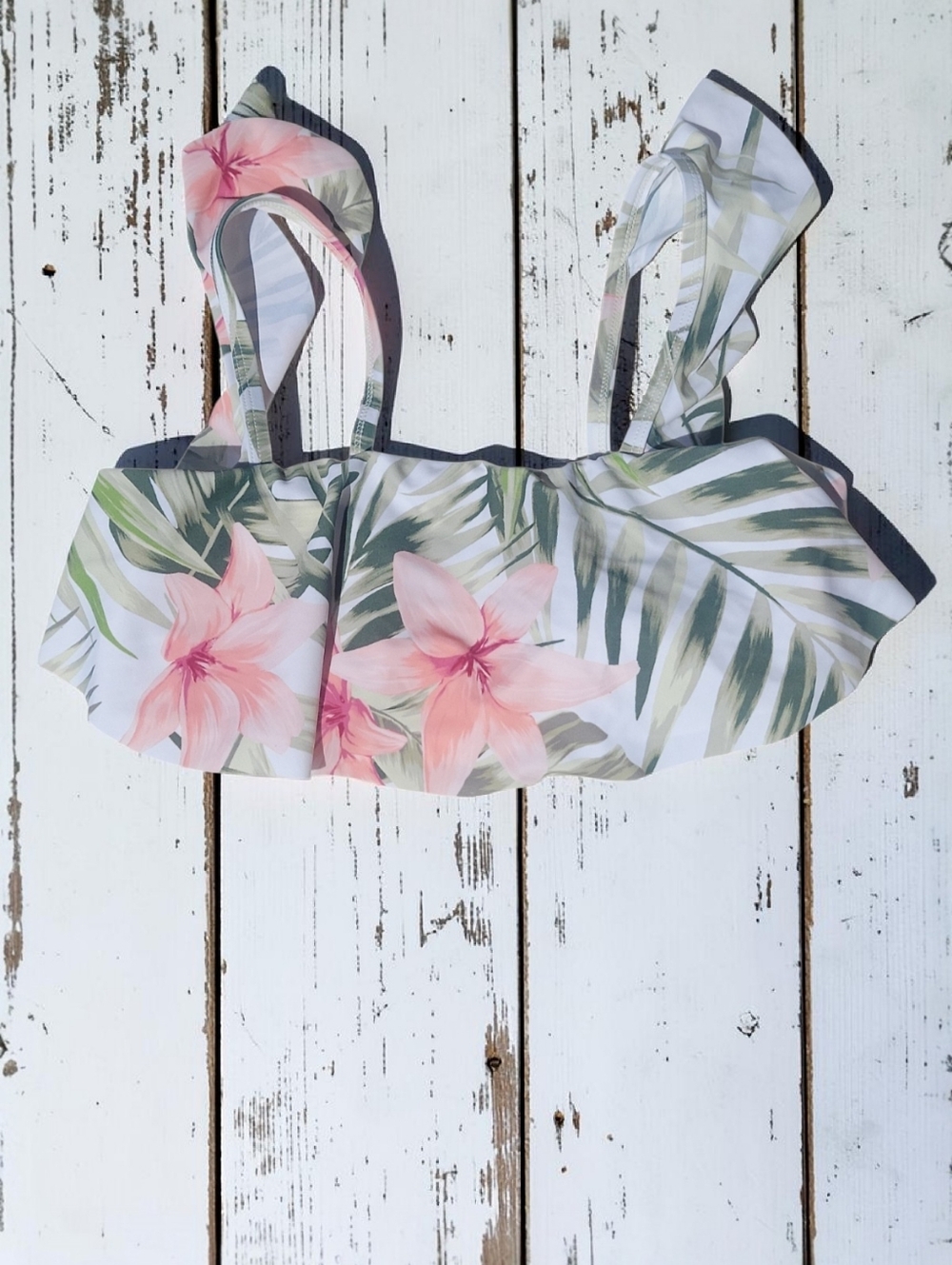 Aqua Couture Tropical Palm Floral Ruffle Bikini Top, Size-S  New Never Been Worn